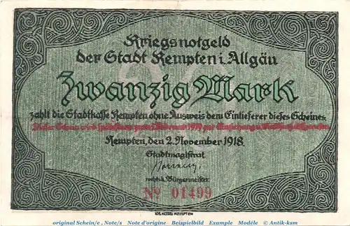 Banknote Stadt Kempten , 20 Mark Scheck in gbr. Geiger 269.03 , von 1918 , Bayern Inflation