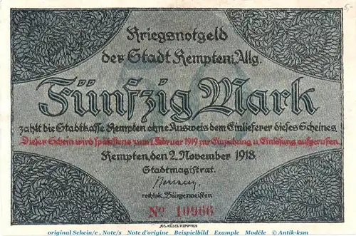 Banknote Stadt Kempten , 50 Mark Schein in gbr. Geiger 269.04 , von 1918 , Bayern Inflation