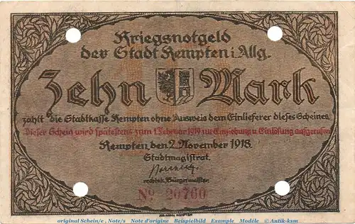 Banknote Stadt Kempten , 10 Mark Schein in gbr.E , Geiger 269.02 , von 1918 , Bayern Inflation