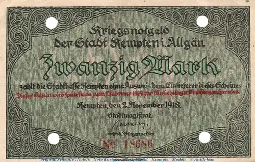 Banknote Stadt Kempten , 20 Mark Schein in gbr.E , Geiger 269.03 , von 1918 , Bayern Inflation
