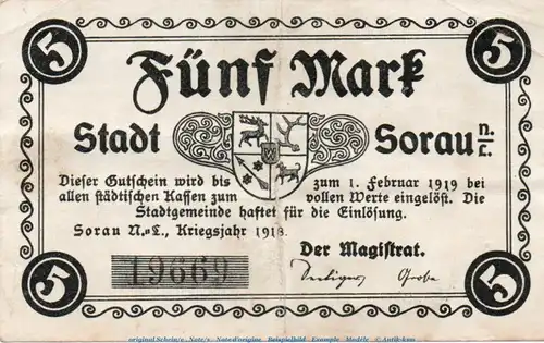 Banknote Stadt Sorau , 5 Mark Schein in gbr. Geiger 502.02 , von 1918 , Brandenburg Großnotgeld