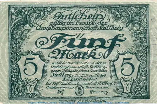 Banknote Amtshauptmannschaft Stollberg , 5 Mark in gbr. Geiger 511.01.b  von 1918 , Sachsen Großnotgeld