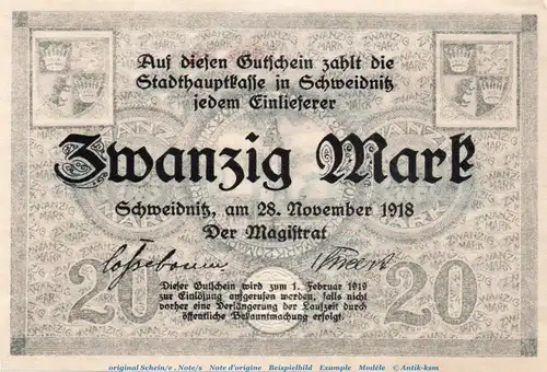 Banknote Stadt Schweidnitz , 20 Mark Schein in kfr. Geiger 489.02.a von 1918 , Schlesien Großnotgeld
