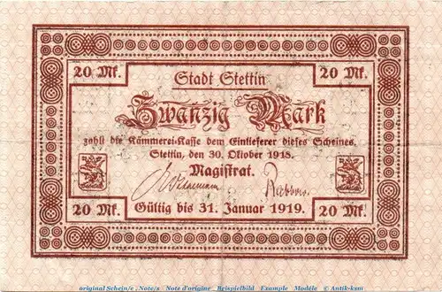 Banknote Stadt Stettin , 20 Mark Schein in gbr. Geiger 510.03 , von 1918 , Pommern Großnotgeld