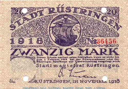 Banknote Stadt Rüstringen , 20 Mark Schein in kfr.E Geiger 457.01.a , von 1918 , Niedersachsen Großnotgeld