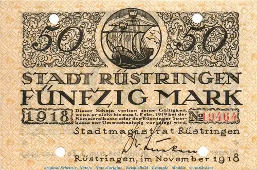 Banknote Stadt Rüstringen , 50 Mark Schein in kfr.E Geiger 457.02.a , von 1918 , Niedersachsen Großnotgeld