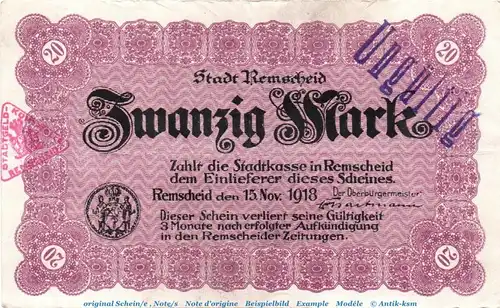 Banknote Stadt Remscheid , 20 Mark Schein in gbr.E Geiger 443.02 , von 1918 , Rheinland Großnotgeld