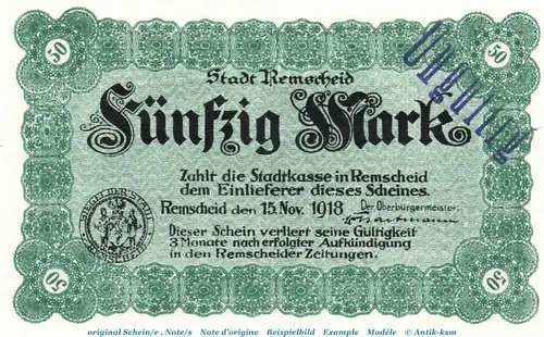 Banknote Stadt Remscheid , 50 Mark Schein in gbr.E Geiger 443.03 , von 1918 , Rheinland Großnotgeld