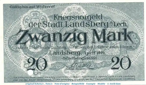 Banknote Stadt Landsberg , 20 Mark Schein in kfr.E Geiger 307.02 , von 1919 , Bayern Großnotgeld