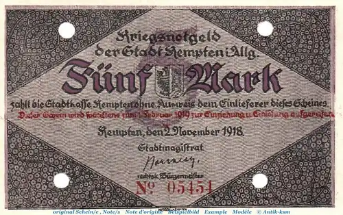 Banknote Stadt Kempten , 5 Mark Schein in kfr.E Geiger 269.01 , von 1918 , Bayern Großnotgeld