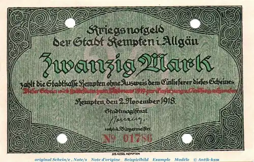 Banknote Stadt Kempten , 20 Mark Schein in kfr.E , Geiger 269.03 , von 1918 , Bayern Inflation