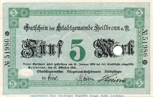 Heilbronn , Banknote 5 Mark Schein in kfr.E , Geiger 228.01... Württemberg 1918 Grossnotgeld