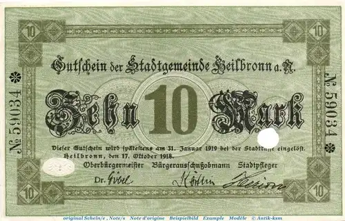 Heilbronn , Banknote 10 Mark Schein in kfr.E , Geiger 228.03... Württemberg 1918 Großnotgeld