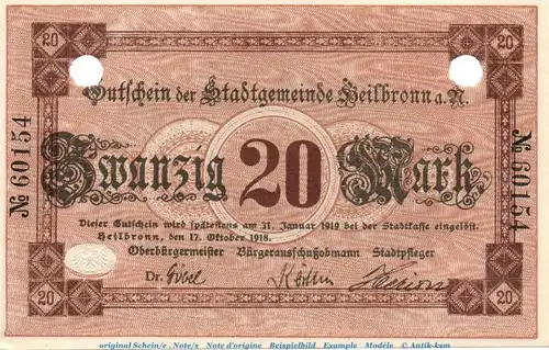 Banknote Stadt Heilbronn , 20 Mark Schein in kfr.E Geiger 228.05 , von 1918 , Württemberg Großnotgeld