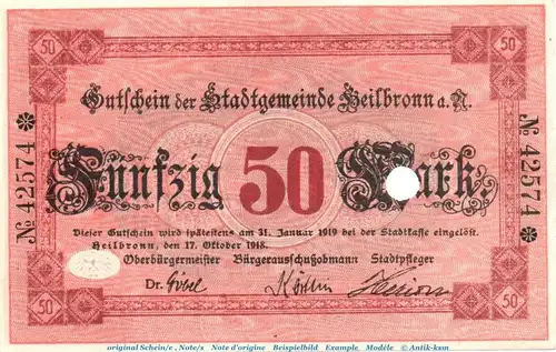 Heilbronn , Banknote 50 Mark Schein in kfr.E , Geiger 228.07... Württemberg 1918 Großnotgeld