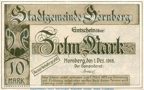 Banknote Stadt Hornberg , 10 Mark Schein in kfr.E Geiger 243.04.b , von 1918 , Baden Großnotgeld