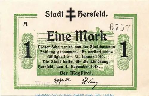 Banknote Stadt Hersfeld , 1 Mark Schein in kfr.E , Geiger 231.01.b von 1918 , Hessen Großnotgeld