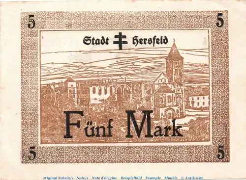 Banknote Stadt Hersfeld , 5 Mark Schein in f-kfr.E , Geiger 231.04.b von 1918 , Hessen Großnotgeld