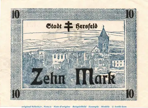 Banknote Stadt Hersfeld , 10 Mark Schein in f-kfr.E , Geiger 231.06.b von 1918 , Hessen Großnotgeld