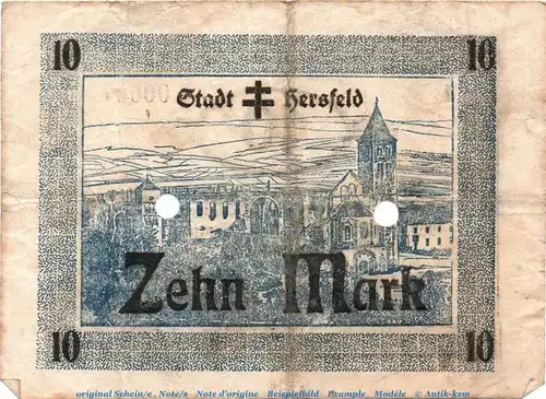 Banknote Stadt Hersfeld , 10 Mark , 2 Stempel , in gbr.E , Geiger 231.05 von 1918 , Hessen Großnotgeld