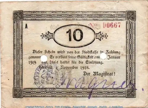 Banknote Stadt Hersfeld , 10 Mark , 2 Stempel , in gbr.E , Geiger 231.05 von 1918 , Hessen Großnotgeld