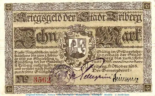 Banknote Stadt Triberg , 10 Mark Schein in gbr.E Geiger 522.02 von 1918 , Baden Großnotgeld