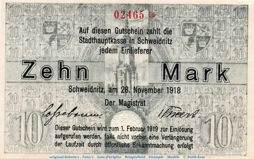 Banknote Stadt Schweidnitz , 10 Mark Schein in kfr. Geiger 489.01 von 1918 , Schlesien Großnotgeld