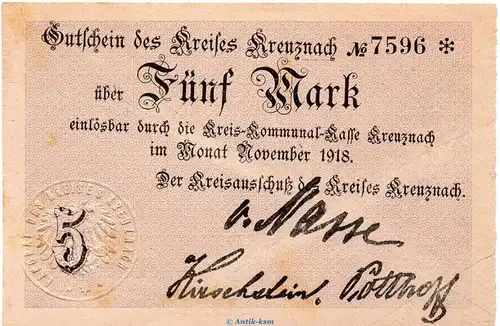 Notgeld Stadt Kreuznach , 5 Mark Schein mit Stempel in f-kfr. Geiger 294.1.a o.D. Rheinland Grossnotgeld