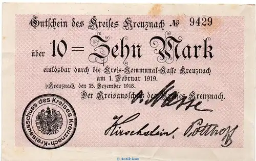 Notgeld Stadt Kreuznach , 10 Mark --Rs. Ohne Text-- in gbr. Geiger nicht belegt von 1918 Rheinland Grossnotgeld