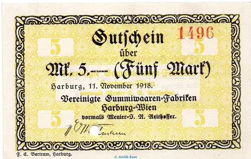Banknote F.Thörls Oelfabriken Harburg , 5 Mark Schein in kfr.E , Geiger 221.04.a von 1918 , Hamburg Großnotgeld