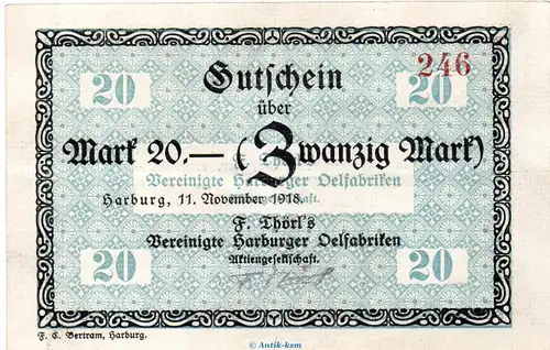Banknote F.Thörls Oelfabriken Harburg , 20 Mark Schein in gbr. Geiger 221.05.a von 1918 , Hamburg Großnotgeld
