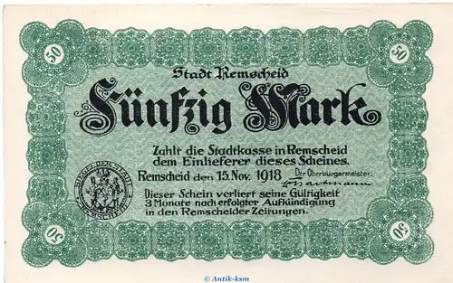 Banknote Stadt Remscheid , 50 Mark Schein in kfr. Geiger 443.03.b , von 1918 , Rheinland Großnotgeld