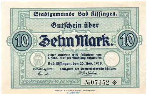 Banknote Bad Kissingen , 10 Mark Schein in kfr. Geiger 272.02.a , 20.11.1918 , Bayern Großnotgeld