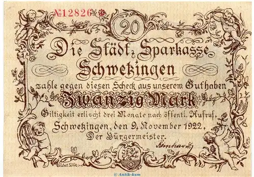 Banknote Stadt Schwetzingen , 20 Mark Schein in gbr. Müller 4215.1.a von 1922 , Baden Großnotgeld