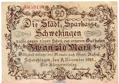 Banknote Stadt Schwetzingen , 20 Mark Schein in kfr. Müller 4215.1.a von 1922 , Baden Großnotgeld