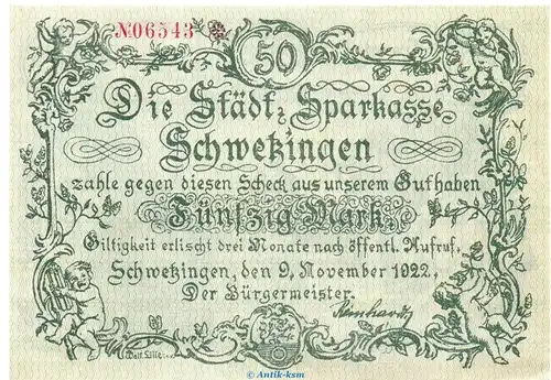 Banknote Stadt Schwetzingen , 50 Mark Schein in kfr. Müller 4215.2 von 1922 , Baden Großnotgeld