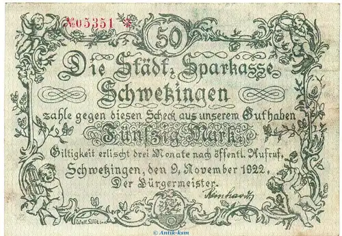 Banknote Stadt Schwetzingen , 50 Mark Schein in gbr. Müller 4215.2 von 1922 , Baden Großnotgeld