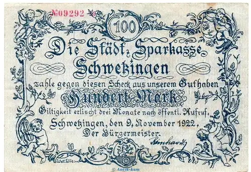 Banknote Stadt Schwetzingen , 100 Mark Schein in gbr. Müller 4215.3.a von 1922 , Baden Großnotgeld