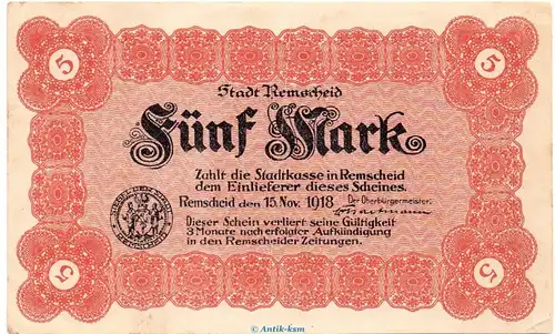 Banknote Stadt Remscheid , 5 Mark Schein in gbr. Geiger 443.01.b von 1918 , Rheinland Großnotgeld