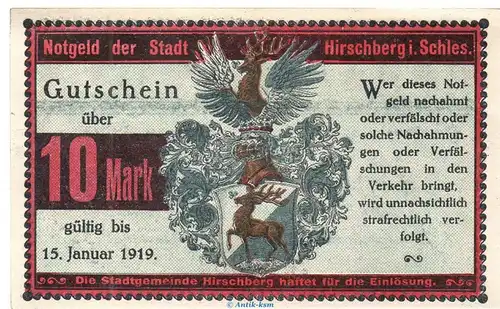 Banknote Stadt Hirschberg , 10 Mark Schein in kfr. Geiger 235.01.a o.D. Schlesien Großnotgeld