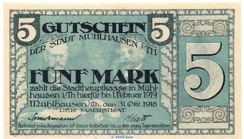 Banknote Stadt Mühlhausen , 5 Mark Schein in kfr. Geiger 364.01 von 1918 , Thüringen Großnotgeld