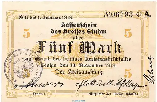 Banknote Kreis Stuhm , 5 Mark Schein in kfr. Geiger 514.01 von 1918 , Westpreussen Großnotgeld