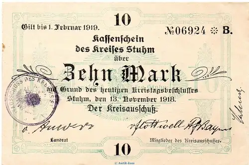 Banknote Kreis Stuhm , 10 Mark Schein in kfr. Geiger 514.02 von 1918 , Westpreussen Großnotgeld