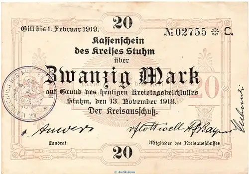 Banknote Kreis Stuhm , 20 Mark Schein in kfr. Geiger 514.03 von 1918 , Westpreussen Großnotgeld