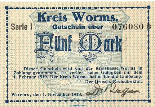 Banknote Stadt Worms , 5 Mark Schein in kfr. Geiger 570.01.a von 1918 , Hessen Großnotgeld