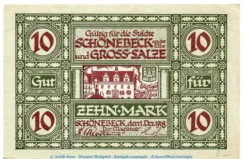 Banknote Schönebeck + Gross Salze , 10 Mark Schein in kfr. Geiger 481.02 von 1918 , Sachsen Anhalt Großnotgeld