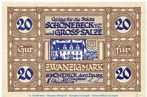 Banknote Schönebeck + Gross Salze , 20 Mark Schein in kfr. Geiger 481.03 von 1918 , Sachsen Anhalt Großnotgeld