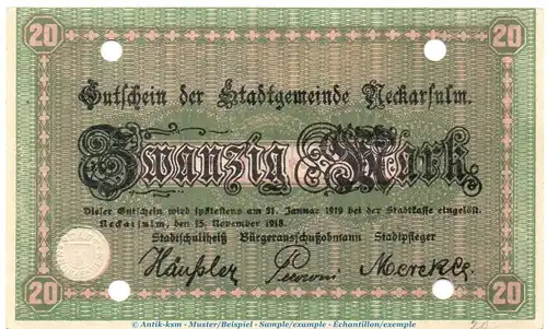 Neckarsulm , Banknote 20 Mark Schein in kfr.E , Geiger 368.02 , Württemberg 1918 Grossnotgeld