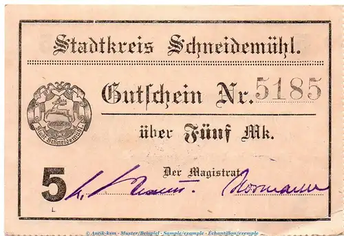 Banknote Stadt Schneidemühl , 5 Mark Schein in f-kfr. Geiger 480.1 o.D. , Posen Grossnotgeld