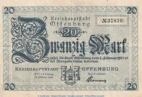 Banknote Stadt Offenburg , 20 Mark Schein in gbr. Geiger 397.01 von 1918 , Baden Großnotgeld